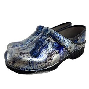 Dansko LT Professional Clog Blue Silver Paisley Patent Shoes Size 41 (10.5-11US)
